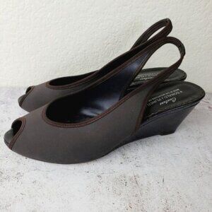 Donald J Pliner Couture Rasy Peep Toe Slingback Canvas Tortoise Wedge Sandal 10M